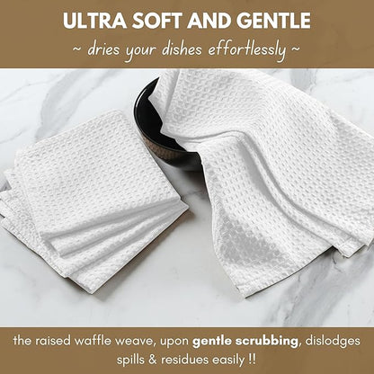 Native Fab Cotton Kitchen Towel with Hanging Loop 16x26 inches, 12-Pack, Waffle Weave Kitchen Towels for Cleaning Drying, Washcloths Soft & Absorbent Cloth Rags, Bar Towel, Dish Cloth, White