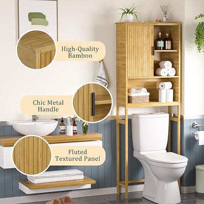 BlueWish Over The Toilet Storage Cabinet, Bamboo Over Toilet Storages with Fluted Door, Over The Toilet Cabinet Bathroom Organizer, Bathroom Shelf Over The Toilet, Storage Rack, Natural
