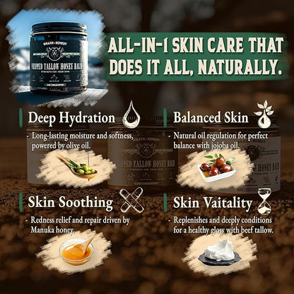 Organic Beef Tallow for Skin - 4 OZ (Eucalyptus) — Grass Fed Beef Tallow for face + Body — US-Made Whipped Tallow and Honey Balm Moisturizer for Dry and Sensitive Skin, Eczema, Rosacea (No Additives)