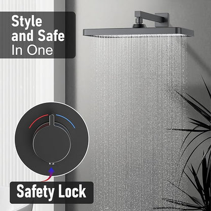 Thermostatic Shower System 13-Inch Rainfall Shower Head - 3 Setting Handheld Sprayer, Complete Bathroom Set with Faucet Mixer Trim Kit & Valve Matte Black