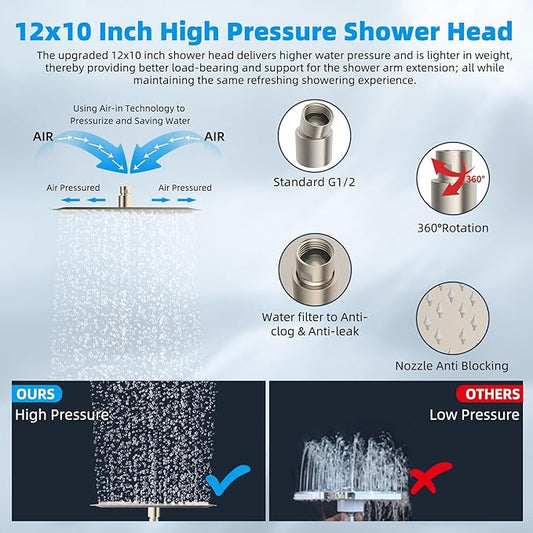 Hibbent All Metal Rain Filtered Shower Head, 12'' High Pressure Rainfall Showerhead with 16" Shower Extension Arm, 20 Stage Shower Filter, Solid Brass Adjustable Shower Arm Extender, Brushed Nickel