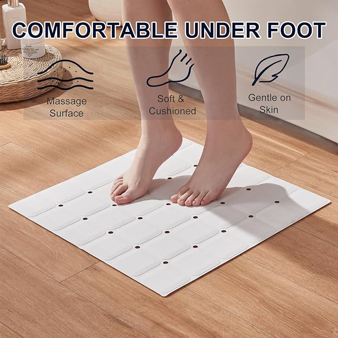 Anti Slip Shower Mat for Tub & Shower Stall, 21" x 21" Square Silicone Bathtub Mat with Powerful Suction Cups, Fast-Draining, Machine Washable Soft Foldable Bathroom Mat, White