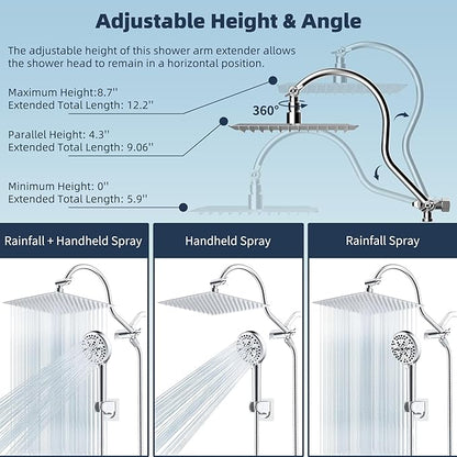 Hibbent 12'' All Metal CUPC Certified Shower Head, High Pressure Rainfall Shower Head, Handheld Showerhead Combo, 12'' Adjustable Shower Extension Arm, 10-Spray, 71'' Hose, Showerhead Holder, Chrome
