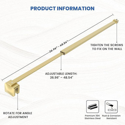Shower Door Glass Support Bar, 26.96" to 48.54" Adjustable Stainless Steel Wall-to-Glass Shower Stabilizer Rod for 1/4", 5/16", 3/8", Brushed Gold
