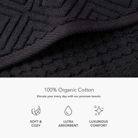 Texere 100% Organic Cotton Diamond Jacquard 700 GSM Luxury Bath Towel Sets - Spa Quality Bath Towels, Hand Towels, Washcloths (Diamond, Black, 6 Piece)