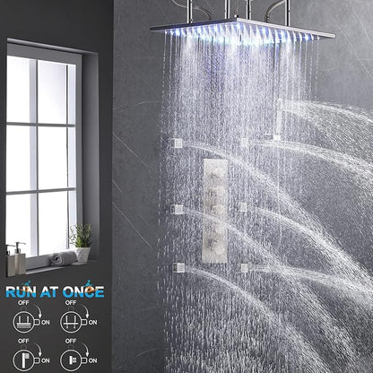 HOMEDEC Modern Solid Brass Concealed 4-Function Thermostatic Shower Diverter Mixer Valve Brushed Nickel, Can Run Simultaneously, Flows Can Be Controlled