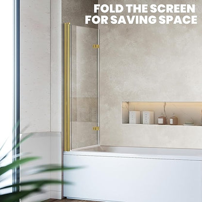 Bathtub Folding Shower Glass Door, 36" W*55" H Pivot H-Type Frameless Tub Shower Door, Clear Tempered Glass Shower Screen Panel for Bathroom, Brushed Gold
