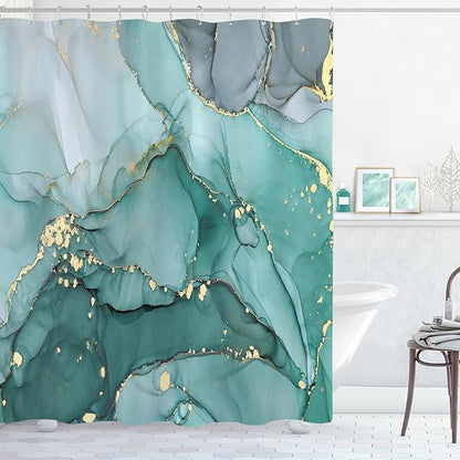 Turquoise Marble Shower Curtain, Teal Modern Abstract Fabric Shower Curtains for Bathroom, Luxury Art Ink Texture Watercolor Aqua Shower Curtain Set with Hooks 72x72