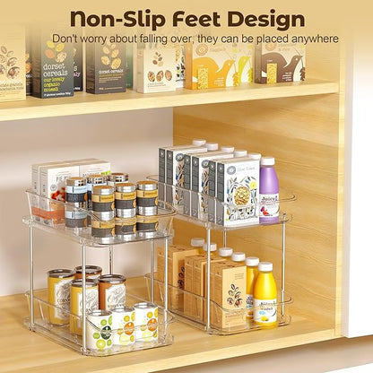2 Tier Pull-Out Organizer for Bathroom Kitchen, Under Sink Storage with Dividers, Ideal for Cabinet, Cupboard Organization, Slide-Out Clear Storage, 2 Pack