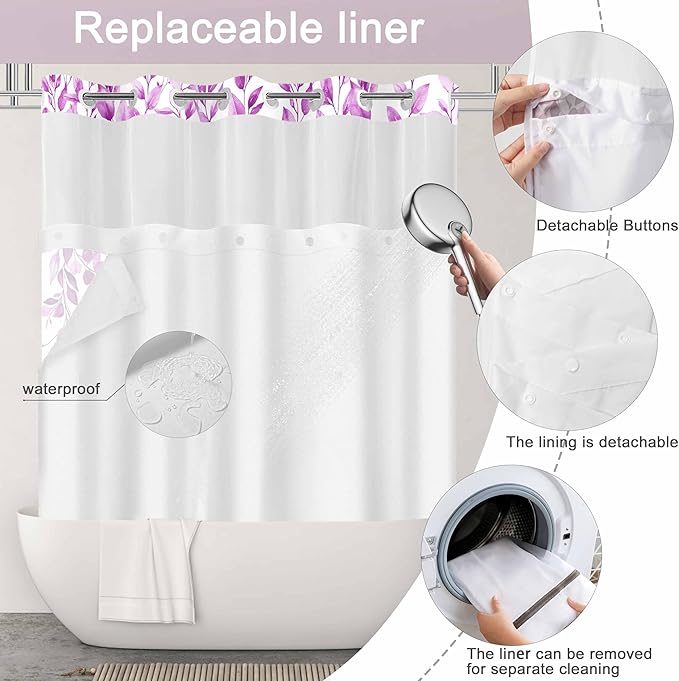 No Hook Shower Curtain and Liner Set, Purple Eucalyptus Floral Shower Curtains for Bathroom, Bath Curtain Sets with Snap in Liner, Waterproof with See Through Top Window, 71x74 Inches
