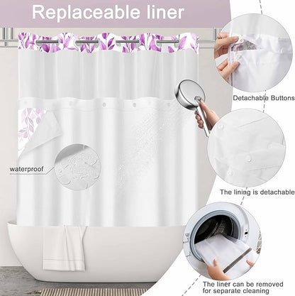 No Hook Shower Curtain and Liner Set, Purple Eucalyptus Floral Shower Curtains for Bathroom, Bath Curtain Sets with Snap in Liner, Waterproof with See Through Top Window, 71x84 Inches