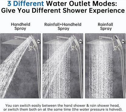 G-Promise All Metal 10 Inches Rainfall Shower Head with Handheld Spray Combo, 3 Settings Diverter, Adjustable Extension Arm with Lock Joints, 71 Inches Stainless Steel Hose (Brushed Nickel)