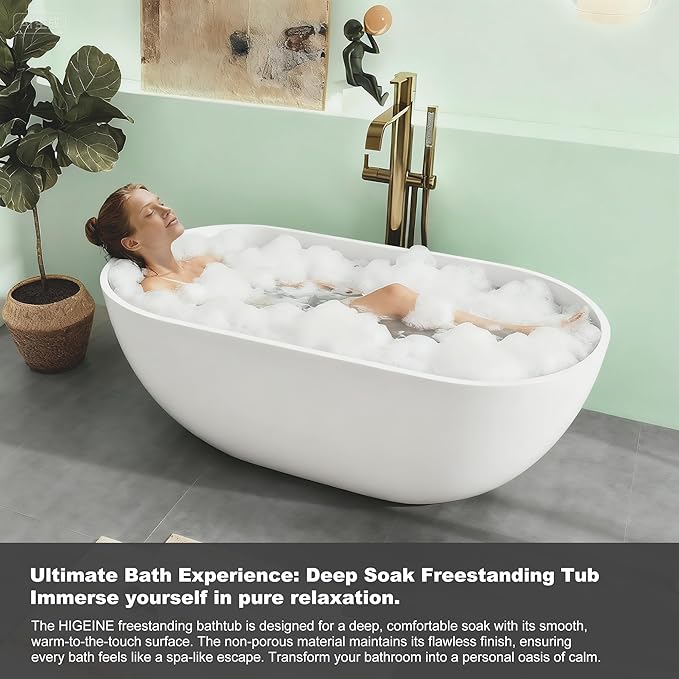 59" Premium Matte White Solid Surface Freestanding Bathtub, Upgraded Modern Design Stand Alone Bath Tub with Overflow and Pop-up Drain