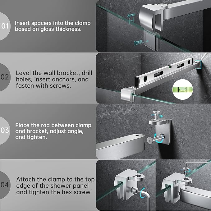 Frameless Shower Door Support Bar, Stainless Steel Wall-to-Glass Support Arm to Fixed Shower Glass Panel, for 1/4"-3/8" (6-10 mm) Door, 180° Pivot & Stow-Flat Mode (Brushed Nickel, 15.8-inch(400mm))