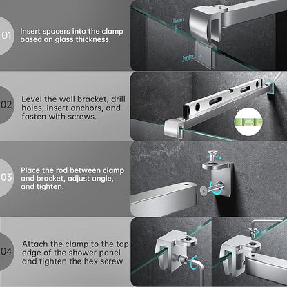 Frameless Shower Door Support Bar, Stainless Steel Wall-to-Glass Support Arm to Fixed Shower Glass Panel, for 1/4"-3/8" (6-10 mm) Door, 180° Pivot & Stow-Flat Mode (Brushed Nickel, 23.6-inch(600mm))