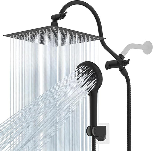 Hibbent 12'' All Metal CUPC Certified Shower Head, High Pressure Rainfall Shower Head, Handheld Showerhead Combo, 12'' Adjustable Extension Arm, 10-Spray, 71'' Hose, Showerhead Holder, Matte Black