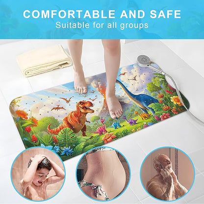Upgrade Cartoon Baby Bath Mat Non Slip - 40"x16" Extra Long Bathtub Mat for Baby Eco Friendly Durable Bath Mat for Tub Non Slip Kids Tub Mat with Suction Cups, Machine Washable and No Fading, Dinosaur