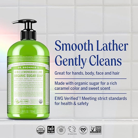 Dr. Bronner's - Organic Sugar Soap (Lemongrass, 24 Ounce) - Made with Organic Oils, Sugar and Shikakai Powder, 4-in-1 Uses: Hands, Body, Face and Hair, Cleanses, Moisturizes and Nourishes, Vegan