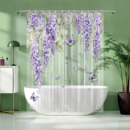 Clear Purple Floral Lavender Butterfly Shower Curtain, Plastic Transparent Cute Pretty Flower Decorative Aesthetic Shower Curtains for Bathroom, 72x72 Weighted Magnetic Shower Curtain Liner with Hooks