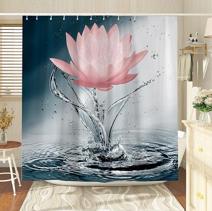 Lotus Shower Curtain Black White Blue Red Flower Elegant Blooming Floral with Dew Spring Flower Reflection on Water Modern Romantic Polyester Fabric Bathroom Decor 108×70 Inch with Hook