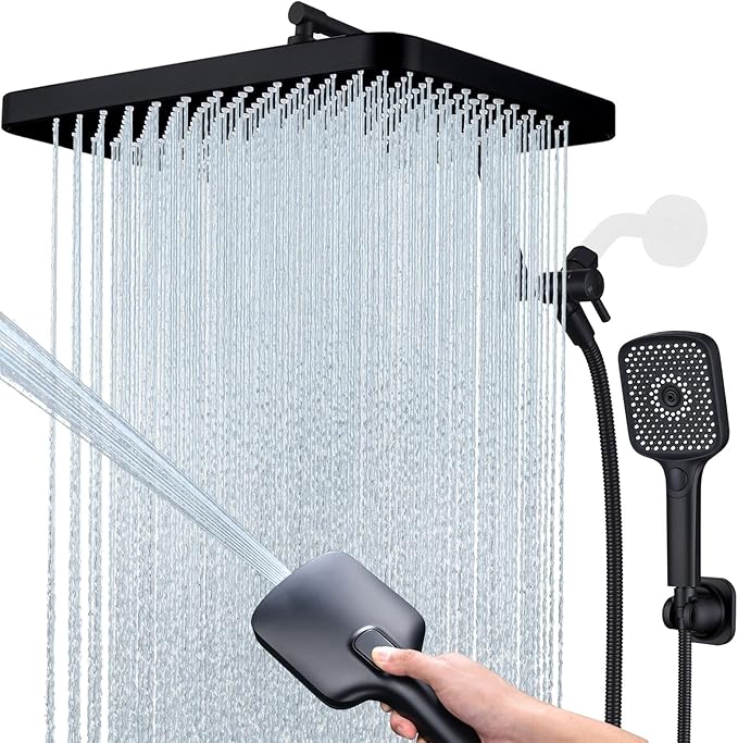 Shower Heads with Handheld Spray Combo, 13 Inches Rain Shower Head with 4 Mode Handheld Wand, and 13 Inches Adjustable Extension Arm, 3 Way Diverter Valve, Extra Long Hose (Matte Black)