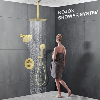 KOJOX Brushed Gold Thermostatic Shower System, Push Button Diverter Shower Faucet Set with 12" Ceiling Mount Rain Shower, 8" Wall Mount Shower Head, and 3-in-1 Handheld Spray