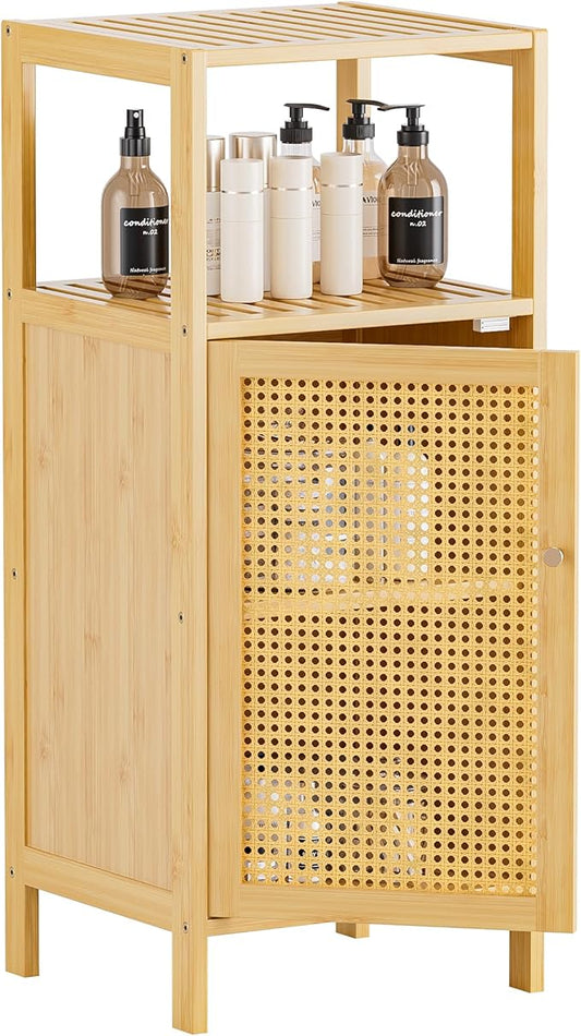 HITNET Rattan Bathroom Storage Cabinet, Small Bamboo Floor Cupboard with Door, Freestanding Narrow Side Organizer for Living Room, Kitchen, Entryway, Natural