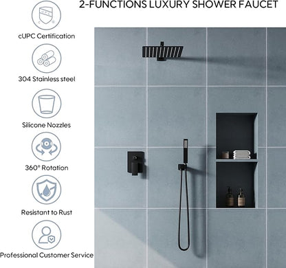 WELLFOR 12-In Wall Mounted Rain Shower Faucet with Single Handle and Handheld Spray, Waterfall Dual Head Shower Head System with 2-way Diverter, Pressure-balanced Valve Included, Matte Black