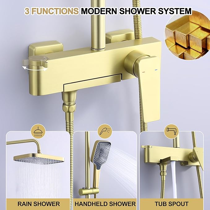 Shower Systems with 12 x8 Inches Rain Shower Head,Brushed Gold Exposed Pipe Shower System,3 Functions Tub Shower Faucet Sets,Overhead Shower System with Handheld