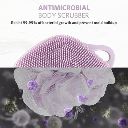 Sndyi Silicone Body Scrubber, Gentle Exfoliating Body Scrubber for Sensitive Skin, Leaf Shaped Shower Scrubber for Body with Lathering Bristles, Silicone Loofah Body Brush for Showering, Purple