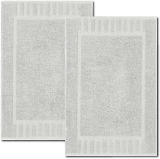 White Classic Luxury Bath Mat Floor Towel Set - Absorbent Cotton Hotel Spa Shower/Bathtub Mats [Not a Bathroom Rug] 22"x34" | 2 Pack | Silver