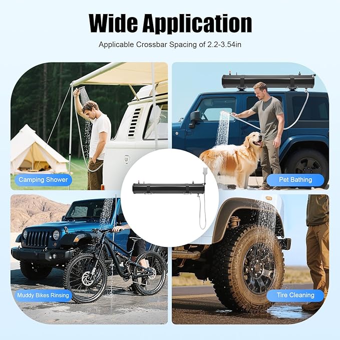 7.93 Gallon Pressurized Water Tank For Camping Shower, Portable Roof Rack Shower for Camping, Road Shower with A Large Water Tank, A Shower and 5.58 Foot Hose, Sun's Rays to Heat, Storage Bag
