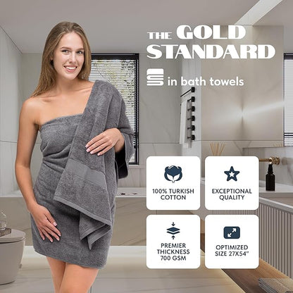 Luxury White Bath Towels Large - 100% Soft Cotton 700 GSM | Absorbent Hotel Bathroom Towel | 27 inch X 54 inch | Set of 4 | Gray