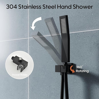 WELLFOR 12-In Wall Mounted Rain Shower Faucet with Single Handle and Handheld Spray, Waterfall Dual Head Shower Head System with 2-way Diverter, Pressure-balanced Valve Included, Matte Black