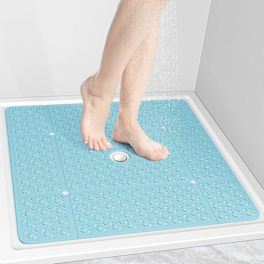 OTHWAY Square Shower Mat, 27"x 27" Extra Large Shower Mats for Inside Shower, TPE Anti Slip Shower mat with Suction Cups Drain Holes, Machine Washable Shower Floor Mat (Blue)
