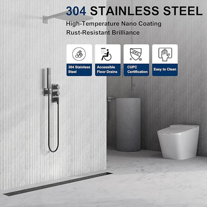 Neodrain 28 in Matte Black Linear Shower Drain, Rectangular Shower Linear Drain with Brick Pattern Grate, 304 Stainless Steel Bathroom Floor Drains