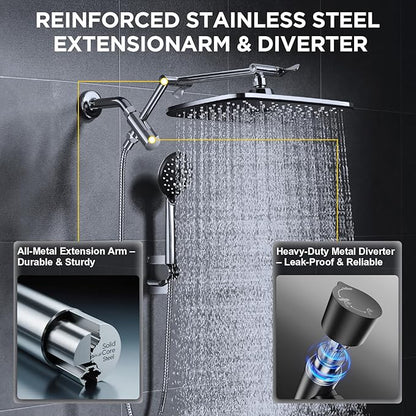 Veken 11.8" Rain Shower Head with Handheld, High Pressure Handheld Shower with Multi Spray Modes, Rainfall Combo with 15" Metal Extension Arm, Detachable Dual Shower, Bathroom Decor, Chrome Silver