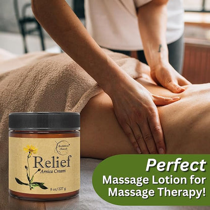Relief Arnica Cream – Enriched with Lemongrass, Eucalyptus & Rosemary Essential Oils – All Natural Massage Lotion for Sore Muscles & Stiffness. Perfect for Massage Therapy by Brookethorne Naturals