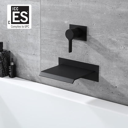 sumerain Wall Mount Bathtub Faucet Black with Waterfall Tub Spout Single Handle with Rough in Valve High Flow
