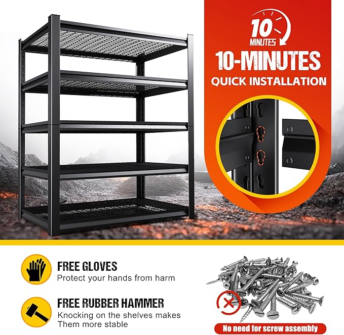 72" H Garage Shelving Heavy Duty Storage Shelves, 5-Tier Adjustable Metal Shelving Unit, Utility Garage Organizer Shelf for Basement, Pantry, Warehouse, Supermarket, 59" W x 19.7" D x 72" H