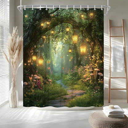 Fantasy Forest Path Shower Curtain Fairy Magical Enchanted Misty Jungle Mushroom Floral Tree Butterfly Lantern Wonderland Plant Bath Curtain Fabric Bathroom Accessories Decor with Hooks 75W x70L
