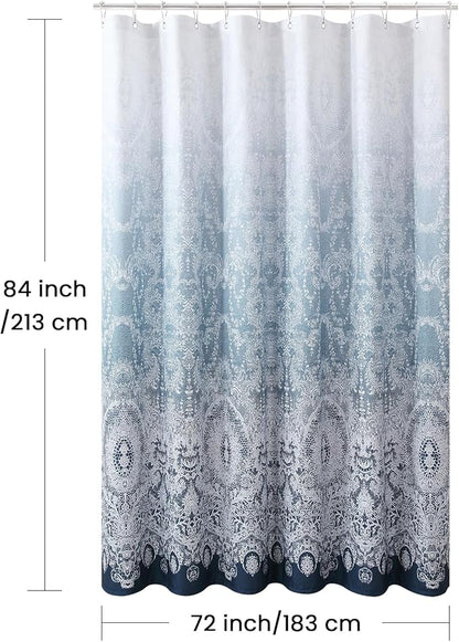 Extra Long Shower Curtain - Chantilly Lace Design, Heavyweight Polyester, Storm Blue to White Ombre, 72" W x 84" H