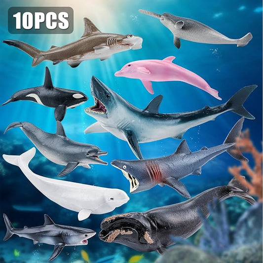 10PCS 5-6" Sea Animal Toys for Toddlers, Bath Ocean Animal Whale Shark Figurines Toys for Kids, Cake Toppers Birthday Party Favors & Gifts for Boys & Girls