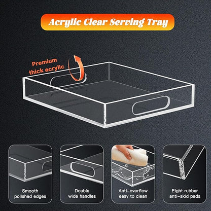 15 * 15 Acrylic Tray for Ottoman, Serving Tray with Handle, Lucite Tray Organizer for Bench, Coffee Table Countertop, Kitchen, Bathroom, Living Room, Powder Room