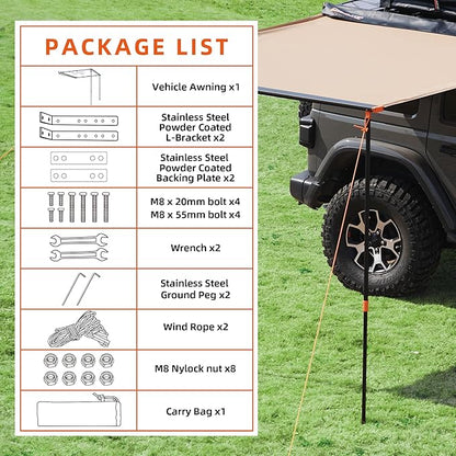 ALL-TOP Vehicle Awning 4.6'x6.6' Roof Rack Pull-Out Sun Shade UV50+, Weatherproof 4x4 Side Awning for Camping & Overland (Hardware Included)