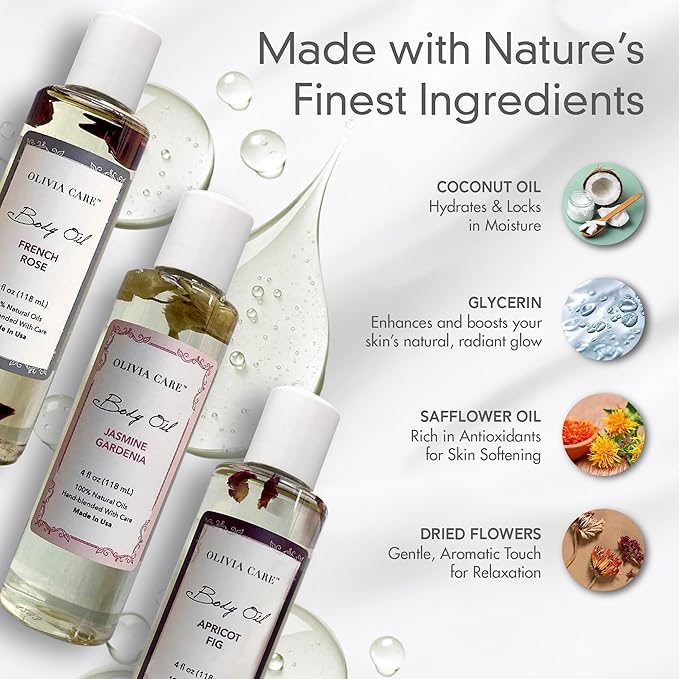 Olivia Care 3 Pack Body Oils: Apricot Fig, French Rose, Jasmine Gardenia - Natural Perfume Oils For Women & After Bath Oils Body Moisturizers, Rich in Vitamin E, K, & Omega (3 Scents)