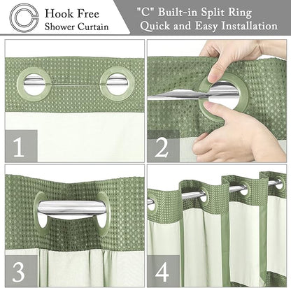Gibelle Stall Small Shower Curtain 36x74, Waffle Weave Shower Curtain with Snap-in Fabric Liner Set, No Hooks Needed, Hotel Style with Mesh Top Window, Sage Green