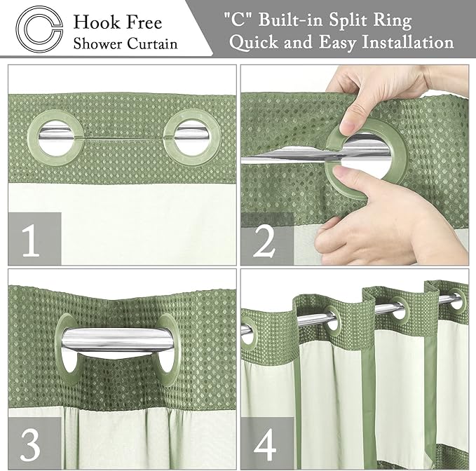 Gibelle Extra Long Shower Curtain 72x86, Waffle Weave Bathroom Shower Curtain with Snap-in Fabric Liner Set, No Hooks Needed, Hotel Style with Mesh Top Window, Sage Green