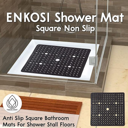 ENKOSI Square Shower Mat 27x27 inch - Large Anti Slip Shower Floor Mat - Non Slip Bathroom Shower Stall Mats with Strong Secure Suction Cups and Drain Holes in Middle (Charcoal 27x27)