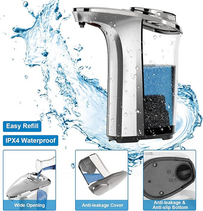 Automatic Soap Dispenser, Touchless Dish Soap Dispenser 17oz/500ml with Upgraded Infrared Sensor, 5 Adjustable Soap Dispensing Levels, Liquid Hand Dispenser for Bathroom (Silver Set)